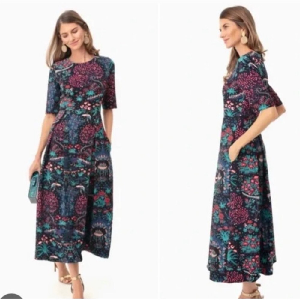 Tuckernuck Navy Floral Midi Dress with Pink & Teal Accents